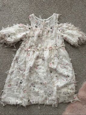 Zara White Floral Ruffle Sleeve Dress with Pink Accents